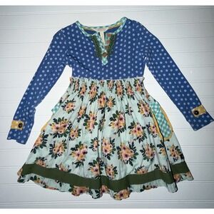 Matilda Jane Blue Polka Dot Floral Dress Girls Size 6 Ruffle Button Pocket
